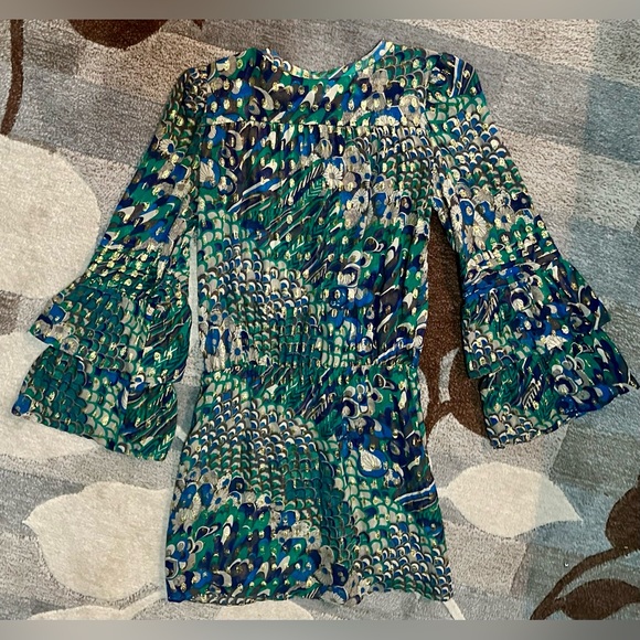 Parker Bohemian Metallic Floral & Sea Motif  Tiered Bell Sleeves Silk Mini Dress - Picture 7 of 8